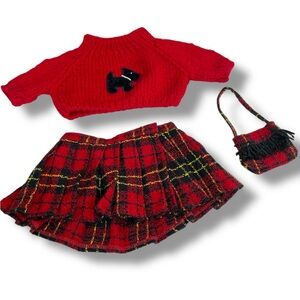 Build A Bear Scottie Dog Red Sweater Plaid Pleated Skirt Purse Teddy Outfit Set